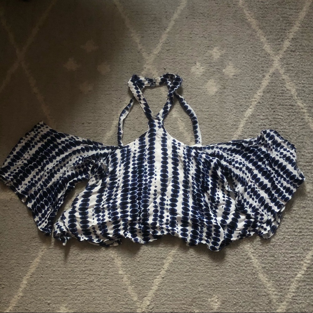 Blue, black and white cropped cold shoulder top